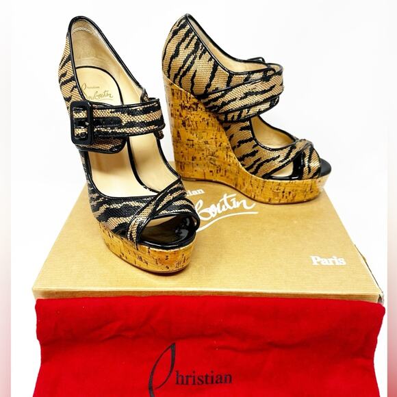 Christian Louboutin Melides 140 Panama Tiger Cork Wedge Sandals - Picture 1 of 10